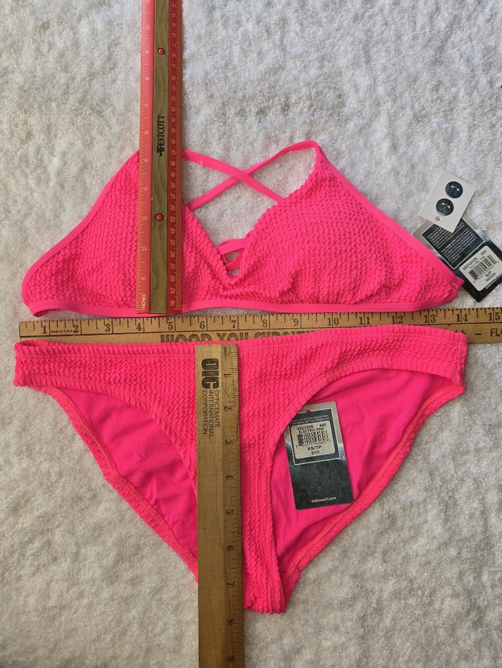 NWT Eidon Textured Scrunchy Electric Pink Madison Top Bikini Bottom Swim Set